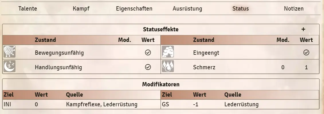 Charakterbogen Status